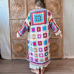 POL Colorful Granny Square Crochet Cardigan One Size